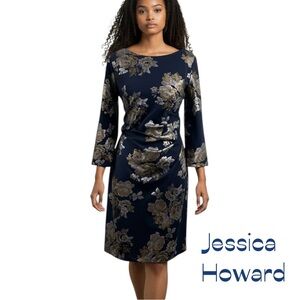 Jessica Howard Black Metallic Floral Pleated Dress NWOT Size 12